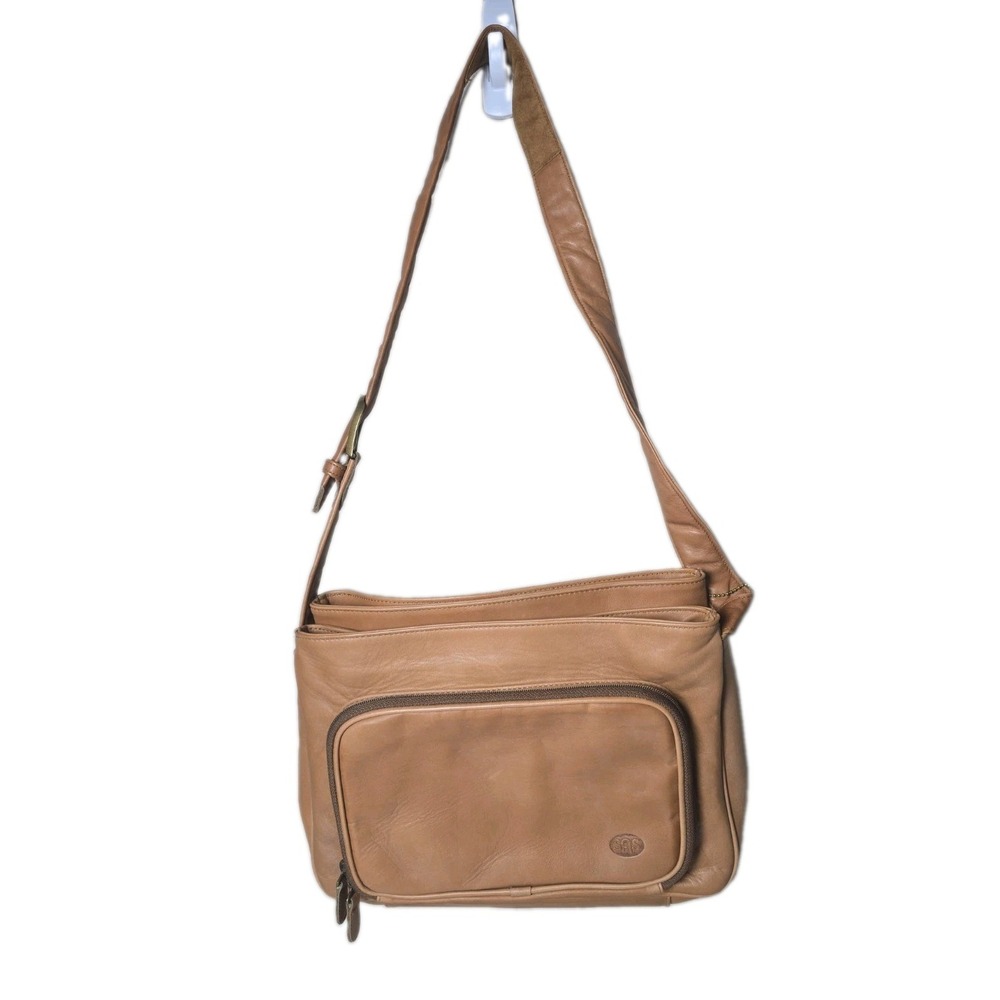 SAS Brown Leather Mail Shoulder Bag USA Made 6 Zip Pockets Crossbody 16" Drop
